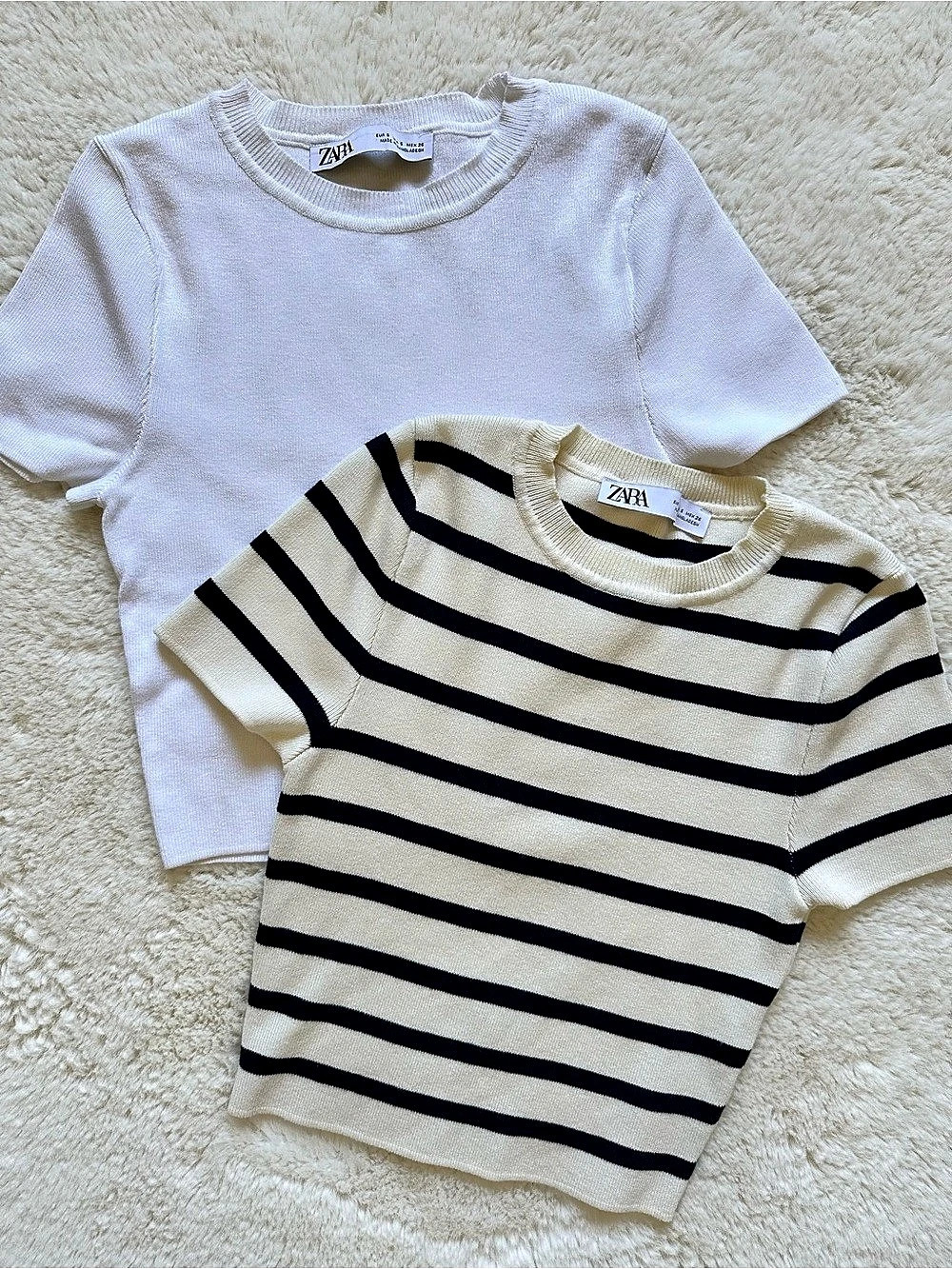 Zara Women’s 2PACK Short Sleeve Knit Top White & Cream Stripe - Small